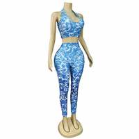 AD2686 Ensemble deux pièces sexy et élastique avec gilet et pantalon orné de strass bleus, imprimé floral, idéal pour les soirées, les spectacles et les événements estivaux