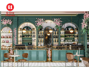 European Cafe Shop Interior Decoration | Customized Green Coffee Counter & Fashion Milk Tea Bar Showcase with LED <b>Lighting</b> - Product Image 2