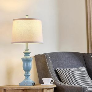 3-kênh thay đổi độ sáng phòng ngủ trang trại Đèn bàn 2 USB + AC ổ cắm Retro nhựa màu xanh mộc mạc cảm ứng ánh sáng cho phòng khách bảng - Product Image 4