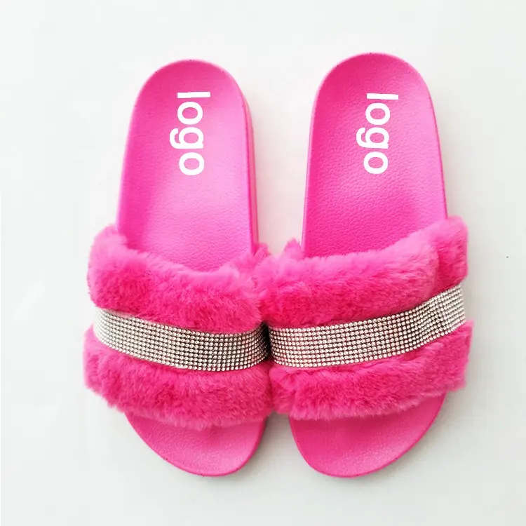 Quick-delivery Faux Fur Women Shoes Platform Diamond Slides Rhinestone Plush Bling Slippers Hot Pink Lady Sandals for Canada