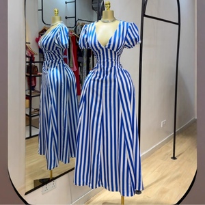 ชุดเดรสแม็กซี่ลายทางสำหรับผู้หญิง คอวีลึก แขนพอง เอวสูง ทรงเอไลน์ กระโปรงยาวทรงบาน สำหรับวันหยุด ชุดลำลอง แฟชั่น - Product Image 6