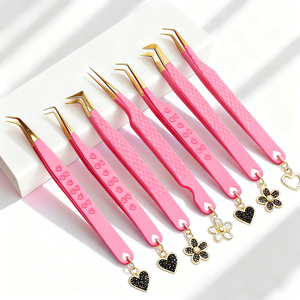 ملقط رموش وردي اللون بمقبض ماسي مسطح وطرف مدبب منحني، ملاقط رموش مجانية مخصصة بزوايا 45 و90 درجة - Product Image 5