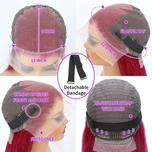 200% Densité 99J Bourgogne Droite 13x4 Hd Avant de Lacet Perruques <span class=keywords><strong>Cheveux</strong></span> Humains 30 Pouces 99J Avant de Lacet Perruques de <span class=keywords><strong>Cheveux</strong></span> Humains pour les Femmes Noires - Product Image 3