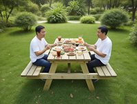 Table de pique-nique en bois d'extérieur personnalisable avec bancs, mobilier de jardin robuste pour hôtel, complexe hôtelier, espace public