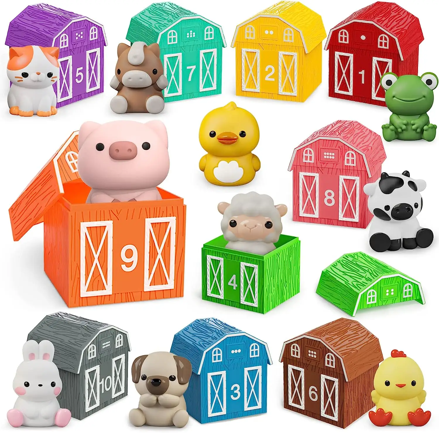 Toddler Montessori Learning Toys Counting Matching & Color Sorting Set Farm Animal Finger Puppets Barn Toy