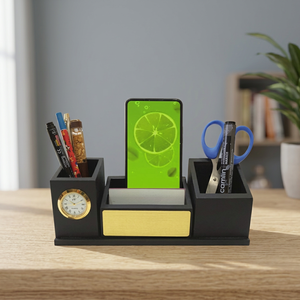 Organisateur de bureau en bois personnalisé, porte-cartes de visite, porte-cartes de nom de bureau avec porte-stylo, porte-crayon, ciseaux, horloge - Product Image 2