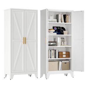 <span class=keywords><strong>Armoire</strong></span> de chambre à coucher en métal avec portes battantes modernes et minimalistes, tringle de suspension réglable, étagères et rangement pour balais - Product Image 5