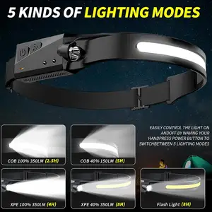 Sensor de movimento embutido 1200mAh USB recarregável LED COB faróis para caminhadas noturnas, corrida, reparação, pesca