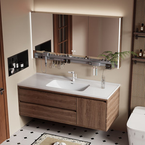 Mid-Century Walnut Wood Floating Bathroom <b>Vanity</b> Bathroom Cabinet with Smart LED <b>Mirror</b> Integrated Sink - Product Image 5