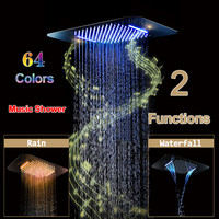 Système de douche HIDEEP Music LED en laiton doré rose, pommeau de douche pluie et cascade 23*15 pouces, barre coulissante, robinet de salle de bain encastré au plafond