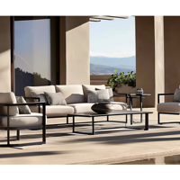Table basse d'extérieur en alliage d'aluminium thermolaqué, moderne, rectangulaire, pour patio et jardin, avec cadre en bois à lattes, résistante à l'eau, pour hôtel