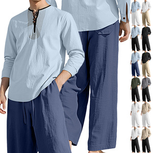 Ensemble chemise et pantalon décontracté en lin pour homme, manches longues, respirant, tenue deux pièces pour le quotidien, en tissu de lin avec étiquette - Product Image 1