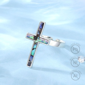 Dernière mode coquille d'ormeau naturel 925 <span class=keywords><strong>argent</strong></span> Sterling ouvert taille réglable grande croix bague pour hommes ou femmes - Product Image 4