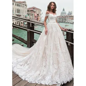 2020 Tulle A-line Pernikahan Gaun Off Bahu Renda Appliques Putri Pernikahan BoHo Gaun Renda Kembali Gaun Pengantin