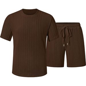 FOXA Conjunto de camiseta y pantalones cortos de punto para hombre, cuello redondo, manga corta, transpirable, informal, de verano, conjunto de 2 piezas - Product Image 5