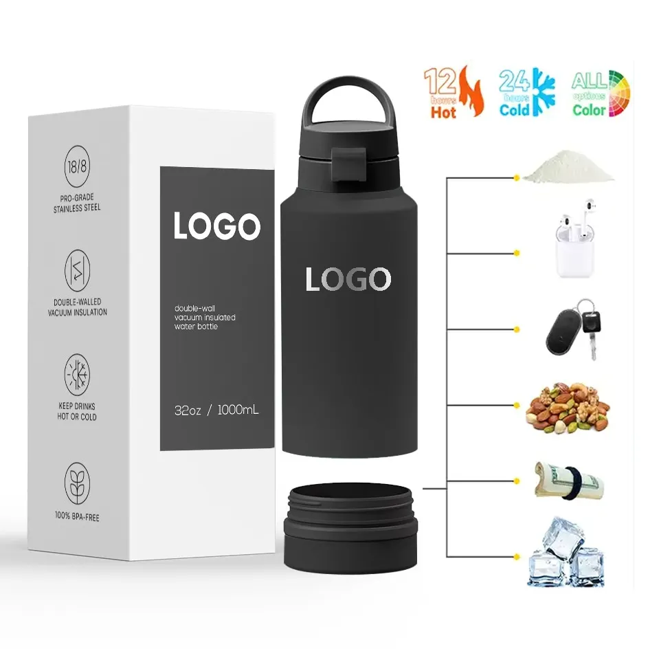 Eco Friendly 32 oz Gym Drink Sport Insulated Stainless Steel Flask Water Bottle with Storage Base and Push Lock Lid
