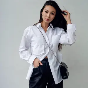 Moda venda quente botão manga longa mulher branca camisa grande casual