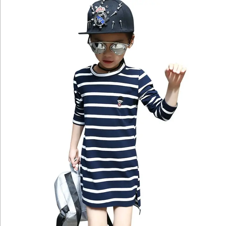 Новая Осенняя детская одежда для больших девочек рубашка в полоску с длинным рукавом платье для От 5 до 12 лет Детские платья для девочек