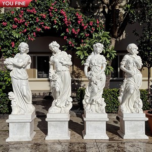 YOUFINE Ensemble de 4 sculptures de déesses des quatre saisons en marbre blanc grandeur nature, sculptées à <span class=keywords><strong>la</strong></span> main, statues de femmes aux motifs floraux et fruitiers avec piédestal - Product Image 2