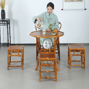 Chinese Style <b>Bamboo</b> Coffee <b>Table</b> With Nesting Stools Small Round Tea <b>Table</b> For Home Use - Product Image 1