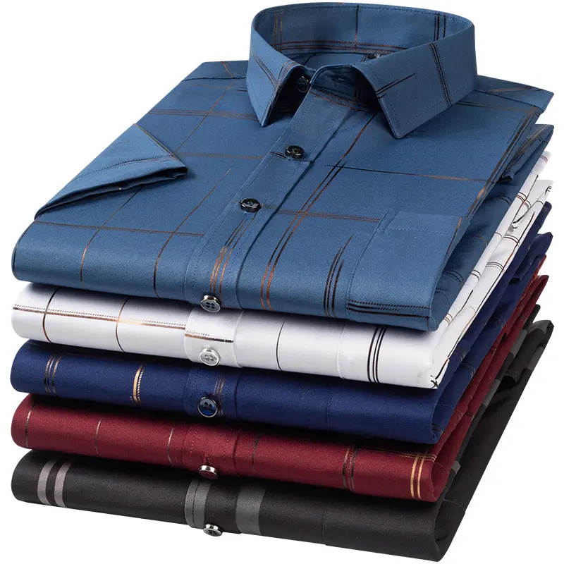 Classical elegant polyester spandex foiled printed men short sleeve summer formal dress shirt
