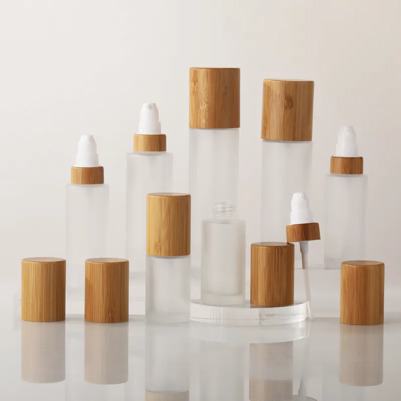 30ml 40ml 50ml 60ml 80ml 100ml 120ml Frosted Glass Cosmetic Pump Bottle Bamboo Cap Skincare Lotion Serum Glass Bottle