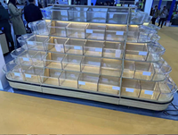 Comptoir de présentation multi-niveaux en bois grainé pour supermarché, idéal pour fruits secs, noix et bonbons en vrac