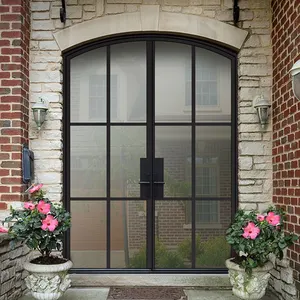 Custom outdoor main entrance steel doors french style exterior arch top metal frame double door with glass