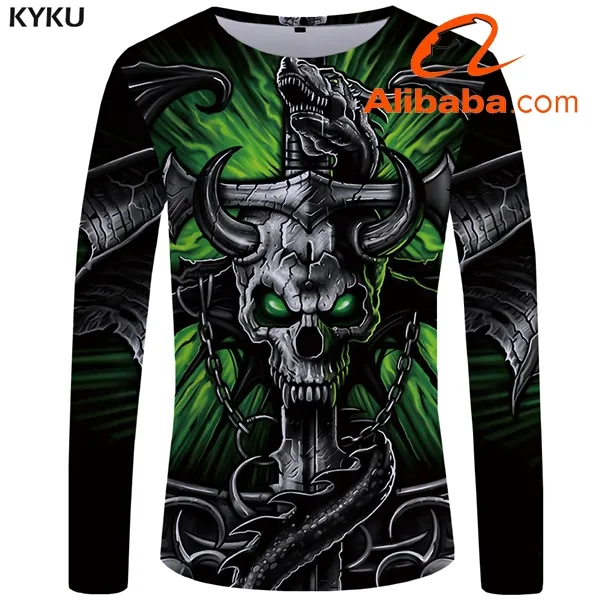 Camiseta de manga larga para hombre, ropa de calle en 3D de cráneo, divertida, verde, cabeza de toro, Rock, dragón, Anime, Japón, venta al por mayor