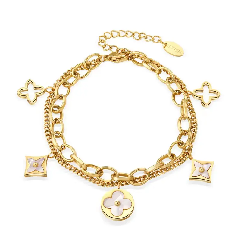 Brand the same women's stainless steel gold plated shell double sided four leaf clover bracelet