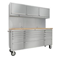 Armoire à outils roulante en acier inoxydable de 72 pouces avec 15 tiroirs, 3 armoires supérieures, panneau perforé et plan de travail en bois