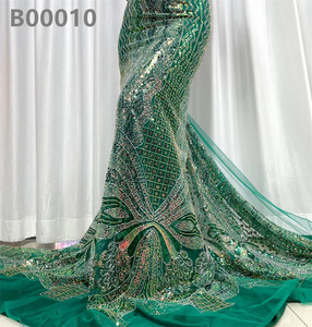Tela de encaje con cuentas bordadas verdes africanas, tela de encaje de tul con lentejuelas francesas brillantes para vestido de novia - Product Image 2