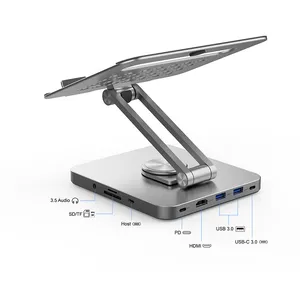 USB c扩展坞平板电脑支架可调高度铝制笔记本电脑支架，带USB3.0集线器，4k高清，PD 100W