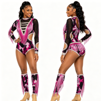 Combinaison de majorette personnalisée à franges en strass camouflage, découpée, à manches longues, pour spectacle de danse, couleur personnalisée OEM