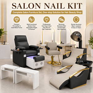 Kit de salon haut de gamme noir et gris comprenant un fauteuil de pédicure, un fauteuil de coiffure, une unité de lavage et une table de manucure - Product Image 1