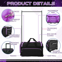 Sac polochon pliable avec poteau télescopique, porte-vêtements, roues, chariot multifonctionnel, sac à dos de sport pour l'extérieur