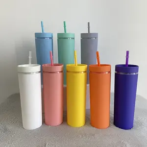 Reusable 16oz 19oz 20oz Matte Finish Colored Tumbler Pastel Colors Skinny Slim Tall Double Wall Plastic Tumblers With Straws