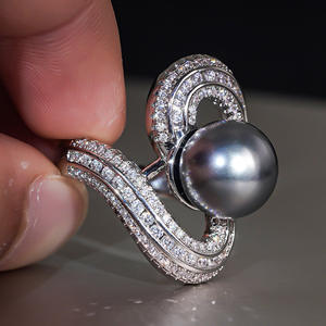 T0905 Black <b>Pearl</b> Cocktail <b>Ring</b> 925 Silver AAA Round Shape Channel Setting Women's Party Jewelry - Product Image 2