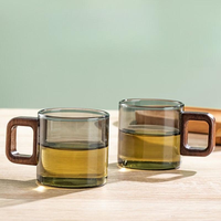 Mug à café ou à thé en verre cylindrique transparent gris de 120 ml avec poignée en bois, résistant à la chaleur, sans BPA, écologique, pour la maison ou les fêtes