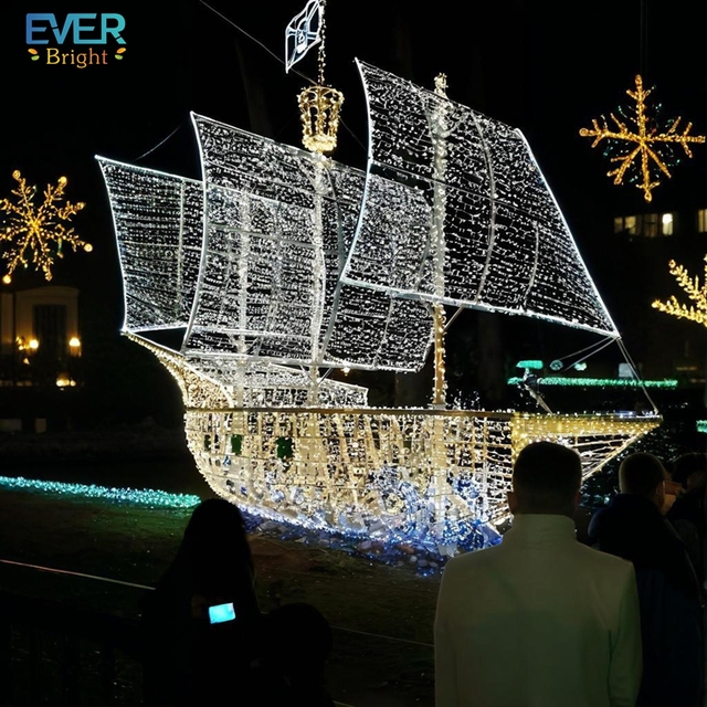 Outdoor LED Christmas ship giant light up rope light sculptures of boat for commercial holiday displays