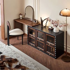 French Vintage Style <b>Dressing</b> <b>Table</b> With Chest Of Drawers Chocolate Ash Wood Solid Wood Storage Bedroom <b>Makeup</b> Vanity - Product Image 1