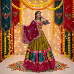 Conjunto de Lehenga Corto Étnico para Mujer, Chaniya Choli de Seda Romana con Dupatta de Red y Trabajo de Espejos, Atuendo Festivo para Navratri, Aarika Textile - Product Image 1