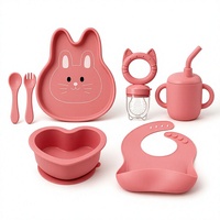 Ensemble repas bébé en silicone Lapin Rose : Assiette à ventouse, bol, bavoir, cuillère, fourchette, tasse à paille et anneau de dentition