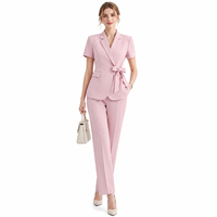 Ensemble de costume pour femmes, en coton fin, antibactérien, avec ceinture à la taille, blazer à manches courtes et pantalon, pour le personnel de réception d'hôtel