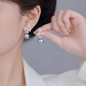 Pendientes de Botón Modernos y Elegantes para Mujer, Diseño Personalizado, Color Gris Cáñamo, Flor, Circonita, Perla, Accesorios para las Orejas - Product Image 2