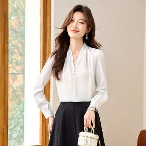 White V Neck Long Sleeve Blouse For Women Chiffon Solid Color Work Shirt With Buttons Elegant Office Wear - Product Image 1