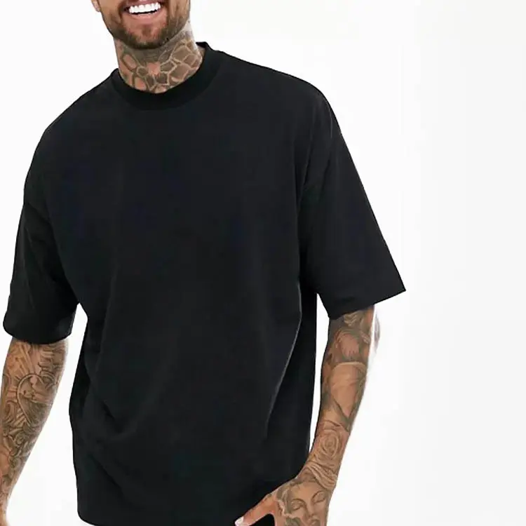 Camiseta personalizada de color negro liso acanalado para hombre, falso con hombros descubiertos Camiseta de cuello, camiseta en blanco de gran tamaño