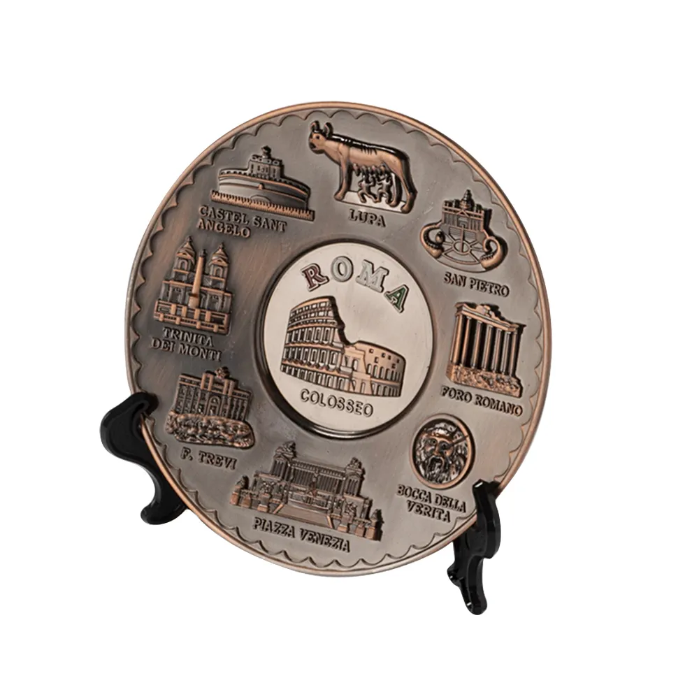 Kunden spezifische Dekoration Gravierte Schnitzerei Tourist Souvenir Platte Zink legierung Antike Bronze 3D Runde Form Rom Metall Souvenir Platte