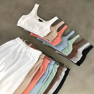 S003 الشركة المصنعة للملابس تخصيص الشعار قطعتين توب قصير قطعتين بنطلون مجموعة مريحة قطن تدريبات النساء مجموعة العداء - Product Image 2