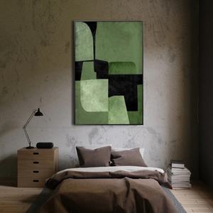 Toile d'art abstrait extra large originale, paysage vert sarcelle beige noir, peinture à l'huile, dessin à la main par l'artiste, encadrée, faite à la main - Product Image 3